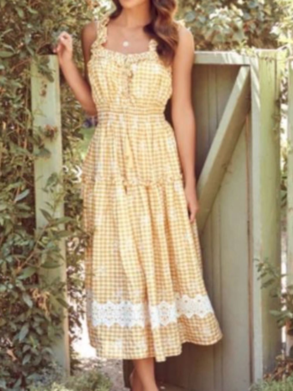 Vici Yellow Gingham Maxi Dress with Lace Trim